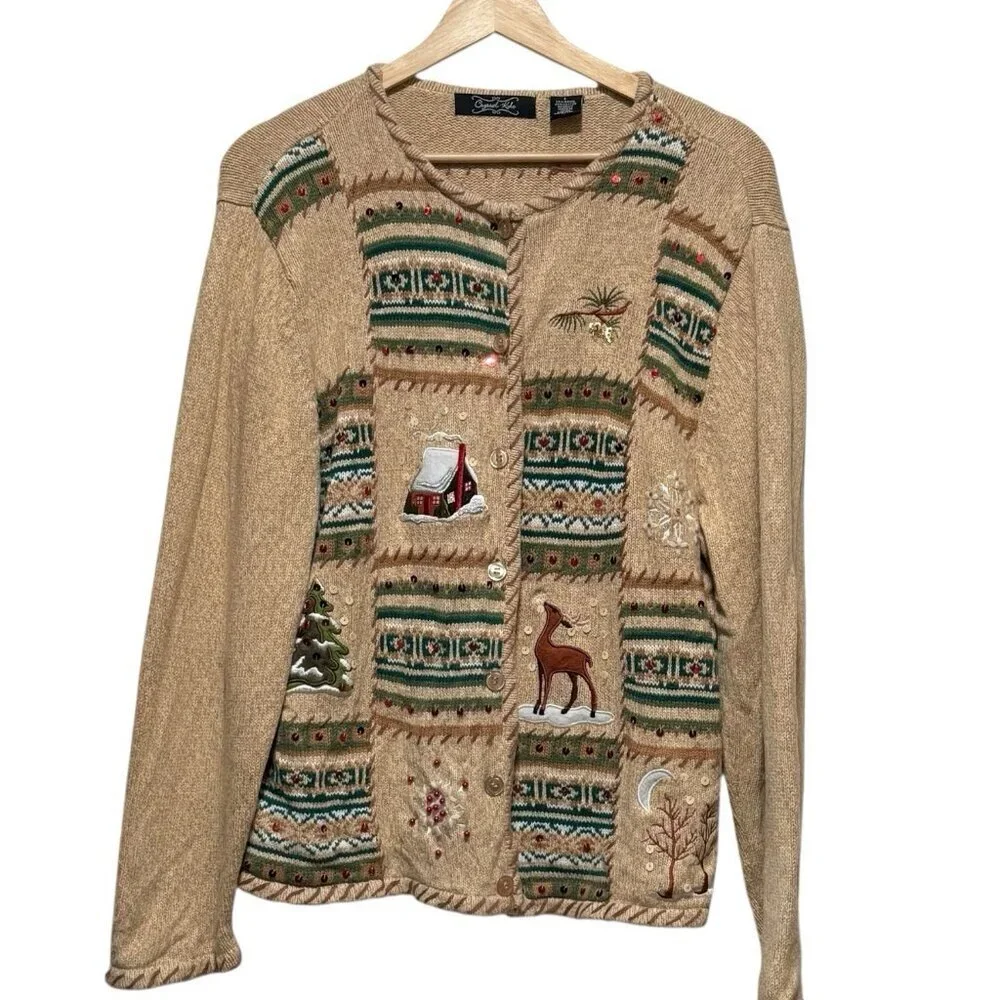 Crystal Kobe Embroidered Christmas Patchwork Tan Cardigan Sweater Womens Large